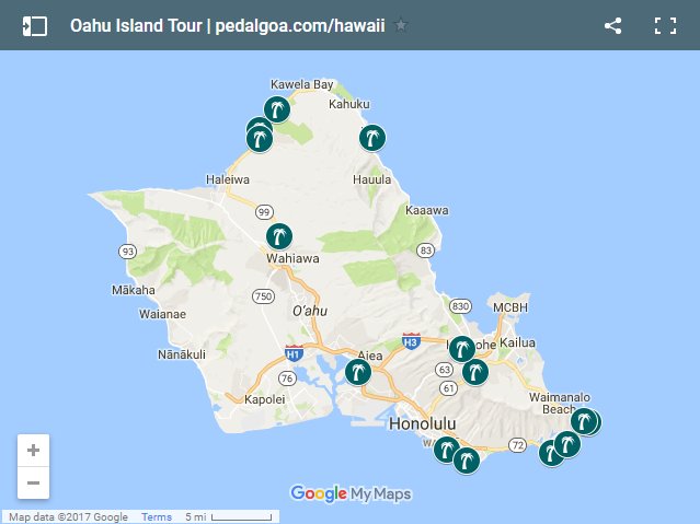 Oahu circle island tour map with scenic driving around Oahu, Hawaii