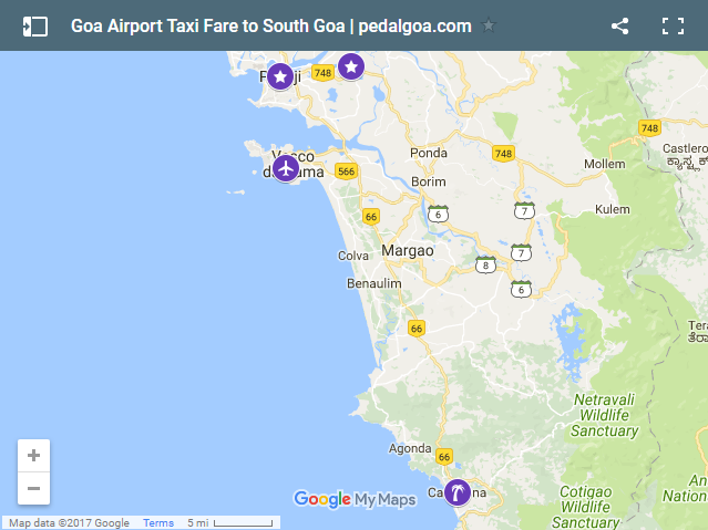 Map of Goa Airport to Canacona: distance + taxi fare. South Goa, India