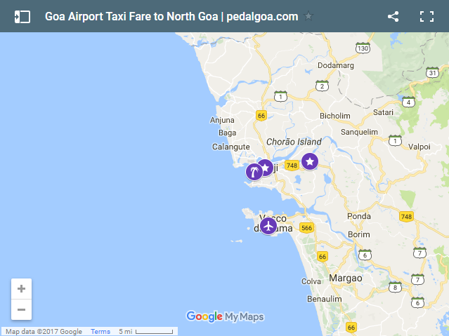 Map of Goa Airport to Miramar Beach: distance + taxi fare. North Goa, India