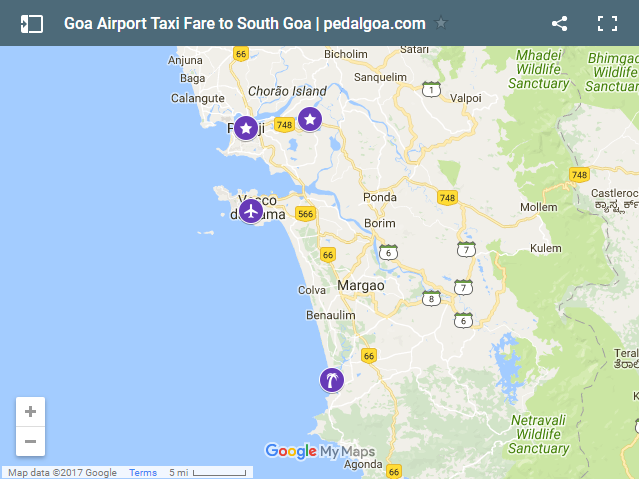 Map of Goa Airport to Mobor Beach: distance + taxi fare. South Goa, India
