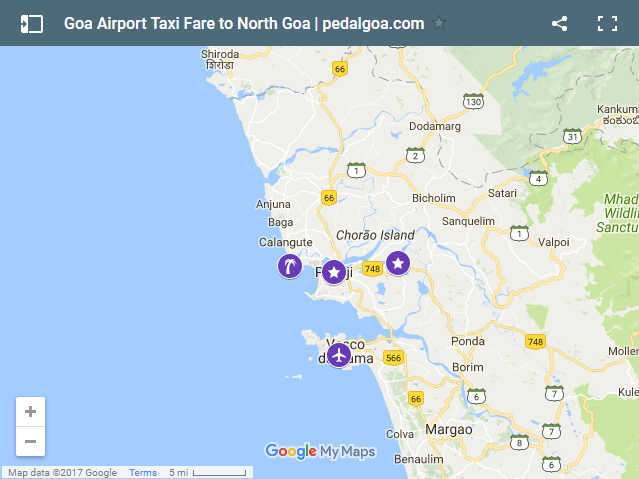 Map of Goa Airport to Sinquerim Beach or Sinquerium: distance + taxi fare. North Goa, India